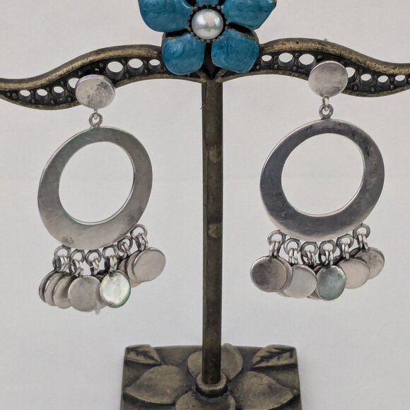 JANE DIAZ Dancing Paillette 925 Silver Circular Dangle Disc Pierced Earrings - Picture 3 of 9